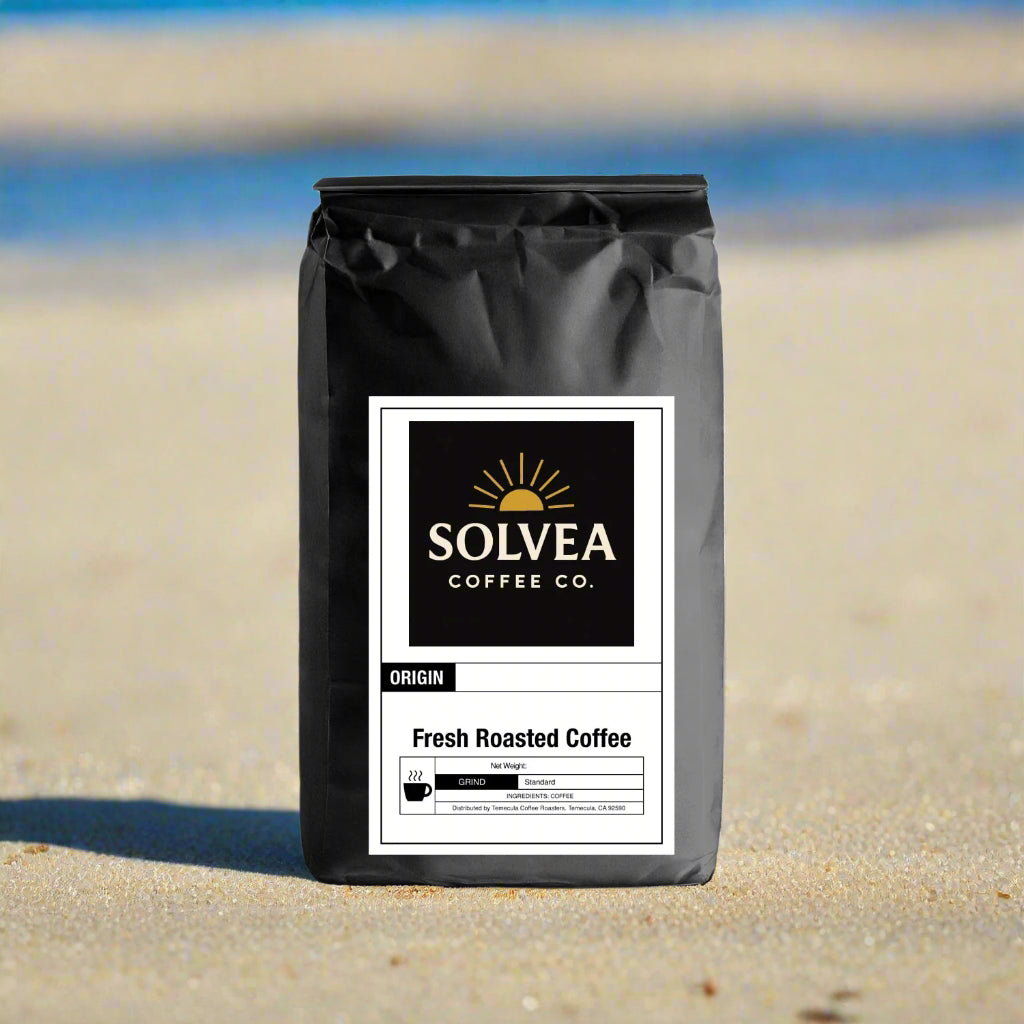 Black coffee bag with Solvea Coffee Co. label on a white background