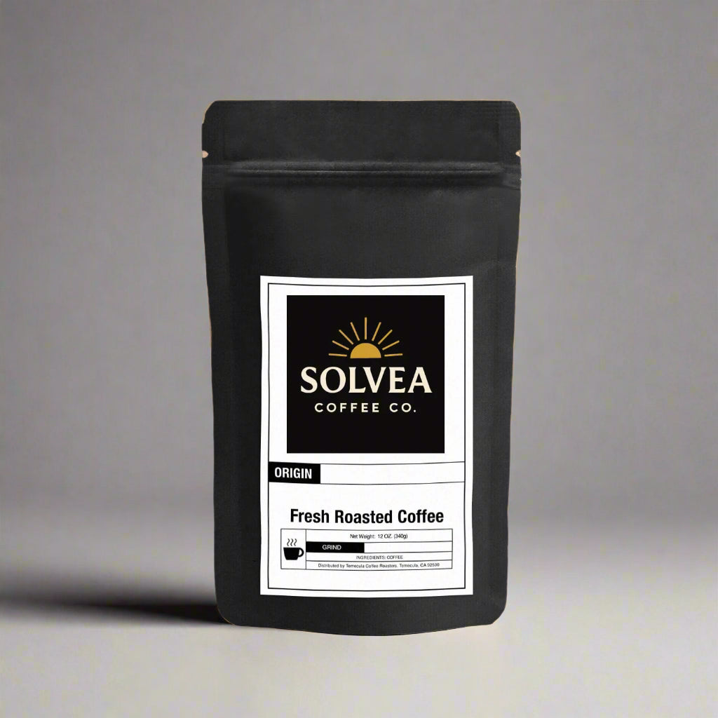 Black coffee bag with Solvea Coffee Co. label on a white background