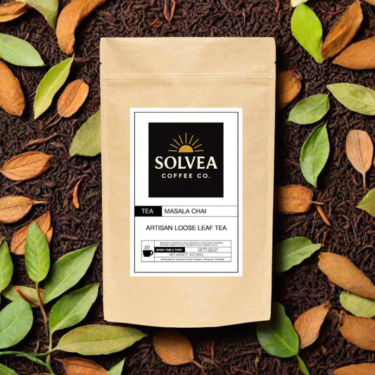 Kraft paper tea bag with Solvea Coffee Co. label on a earthy leaves background
