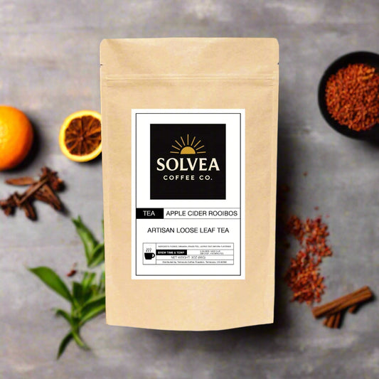 Kraft paper tea bag with Solvea Coffee Co. label on a gray background