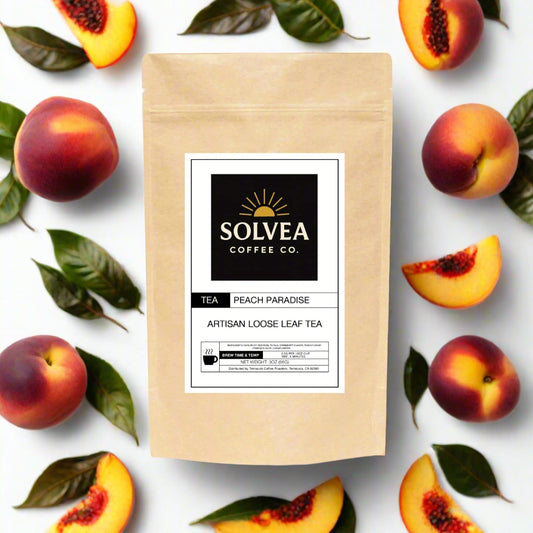 Kraft paper tea bag with Solvea Coffee Co. label on a white background