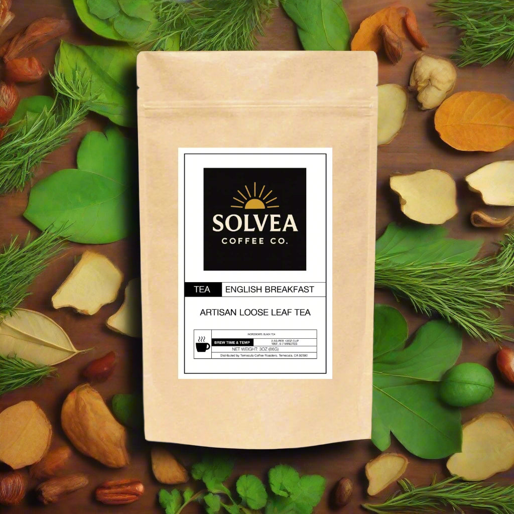 Kraft paper tea bag with Solvea Coffee Co. label on a white background