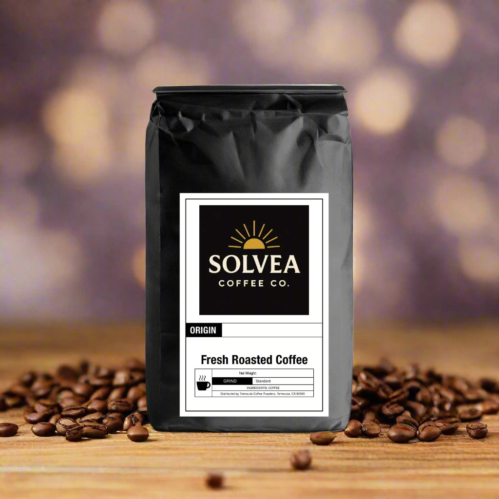 Black coffee bag with Solvea Coffee Co. label on a white background