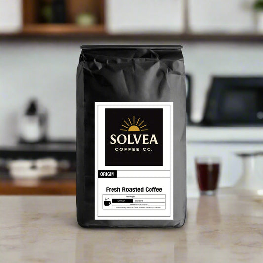 Black coffee bag with Solvea Coffee Co. label on a white background