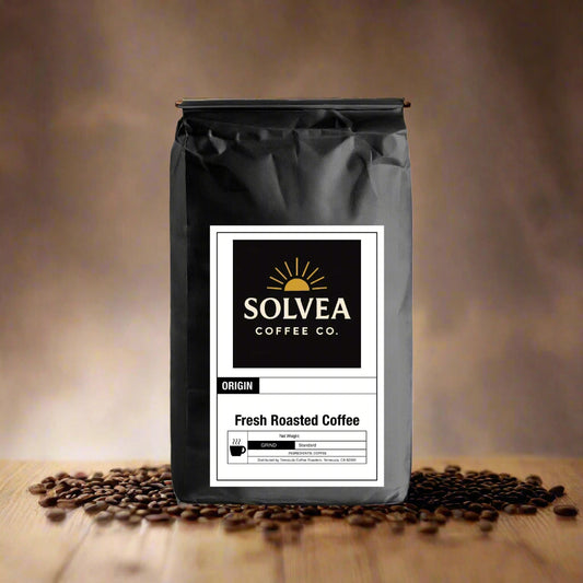 Black coffee bag with Solvea Coffee Co. label on a white background