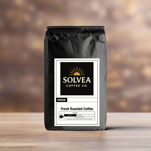 Black coffee bag with Solvea Coffee Co. label on a white background