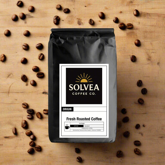 Black coffee bag with Solvea Coffee Co. label on a white background