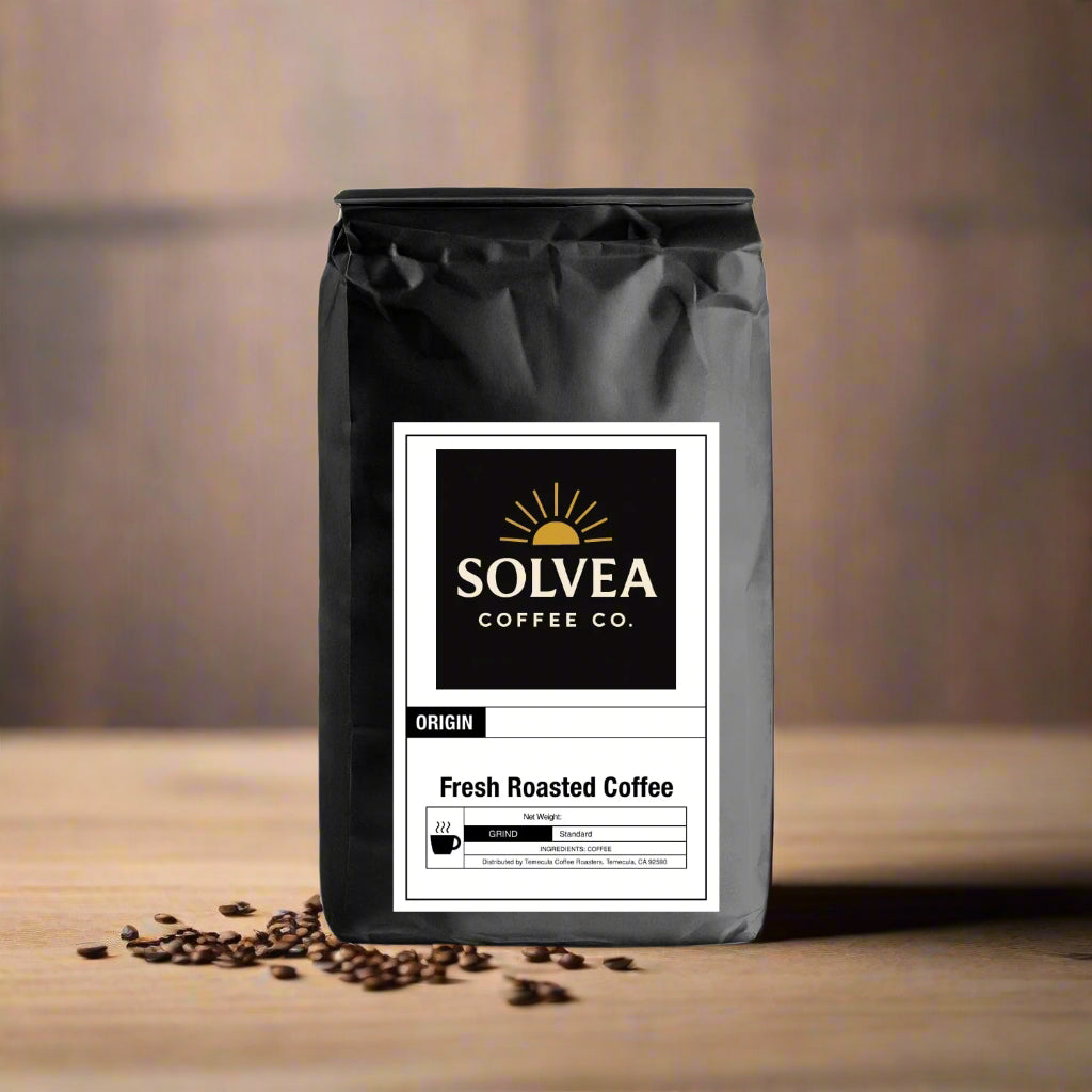 Black coffee bag with Solvea Coffee Co. label on a brown background